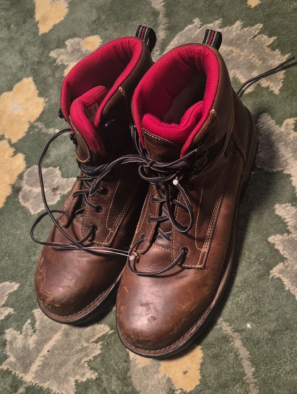 Rocky Brown Leather Work Boots with Red Collar